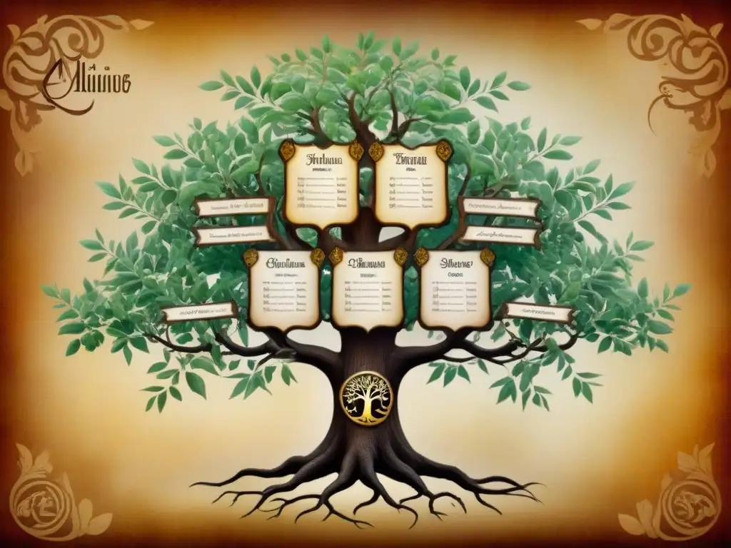 Árbol genealógico detallado con escudos nobles entrelazados en pergamino antiguo