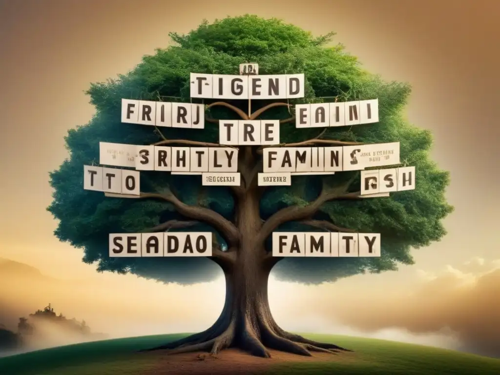 Un árbol genealógico detallado en estilo vintage que muestra las conexiones genealógicas de la familia Sedano con otras familias prominentes, con ramas intrincadas, caligrafía delicada y tonos sepia desvanecidos para evocar una sensación de historia y linaje