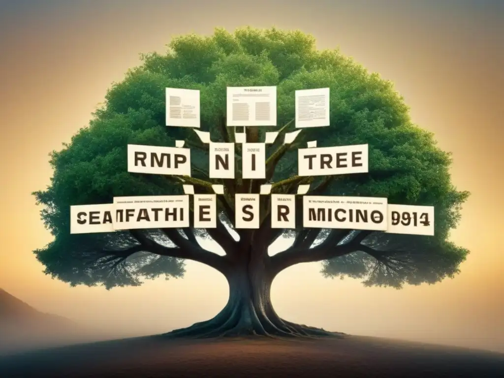 Un árbol genealógico detallado en estilo vintage con ramas intrincadas, evocando tradición y tecnología en pruebas de ADN en genealogía