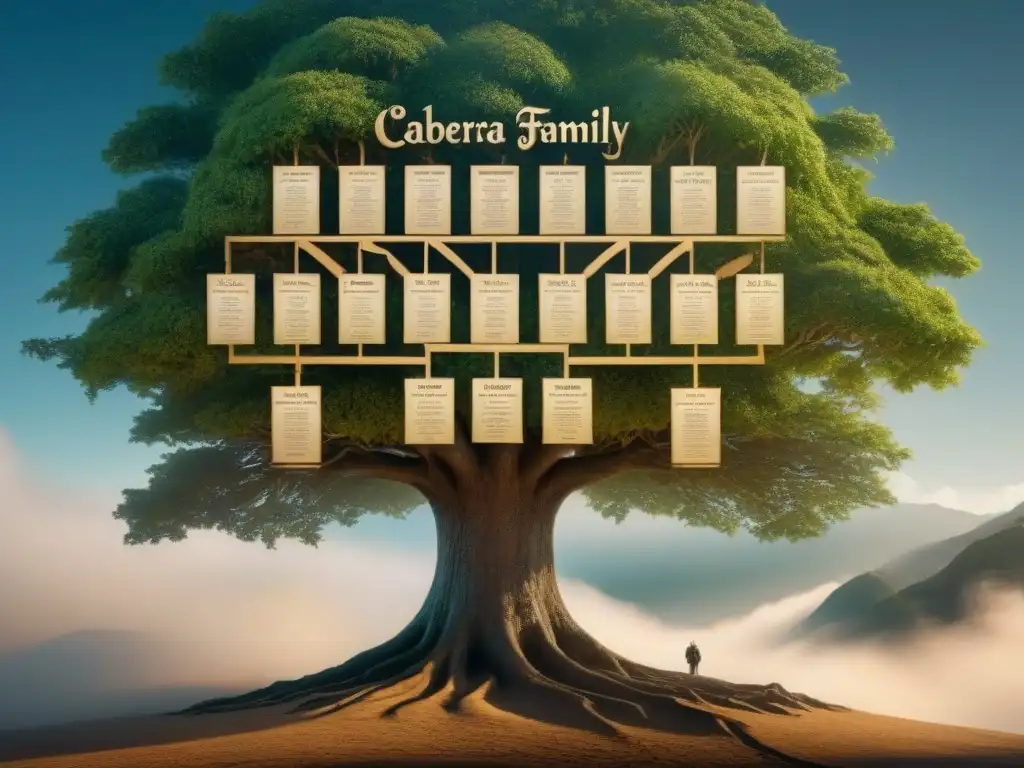 Árbol genealógico vintage de la familia Cabrera: nobleza ancestral Árbol genealógico detallado de la familia Cabrera, mostrando el origen y significado del apellido Cabrera a lo largo de las generaciones