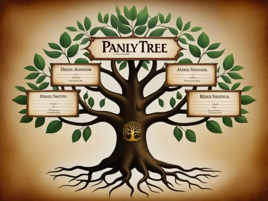 Un árbol genealógico detallado de la familia Paniagua, con ramas intrincadas y caligrafía ornamental, evocando la historia del apellido Paniagua