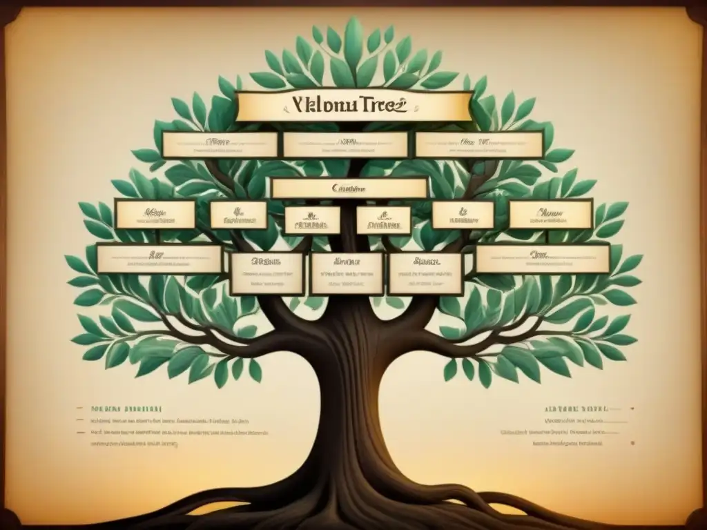 Un árbol genealógico detallado de la familia Calderón con elegante caligrafía y retratos ancestrales, evocando una historia de apellidos familiares