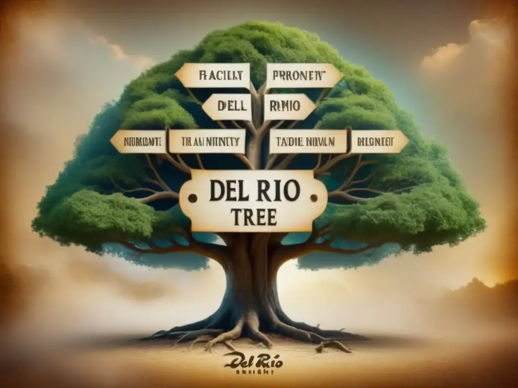 Un árbol genealógico detallado de la familia Del Río, conectado con la historia y eventos, en un pergamino antiguo