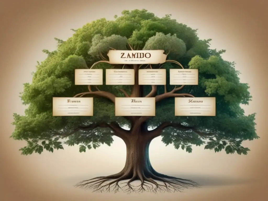 Árbol genealógico detallado de la familia Zamudio: tradición y legado Un árbol genealógico detallado de la familia Zamudio con ramas intrincadas, retratos y tonos sepia