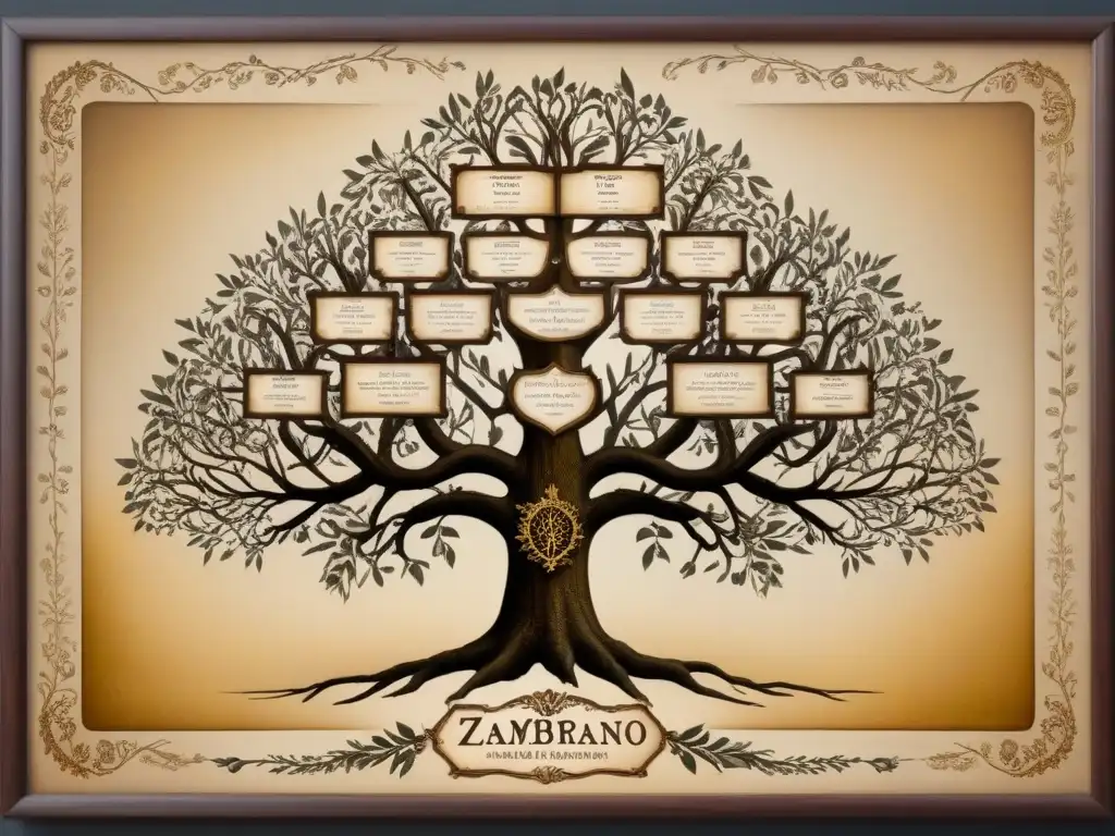 Un árbol genealógico detallado de la familia Zambrano, con tonos sepia, bordes ornamentados y caligrafía antigua