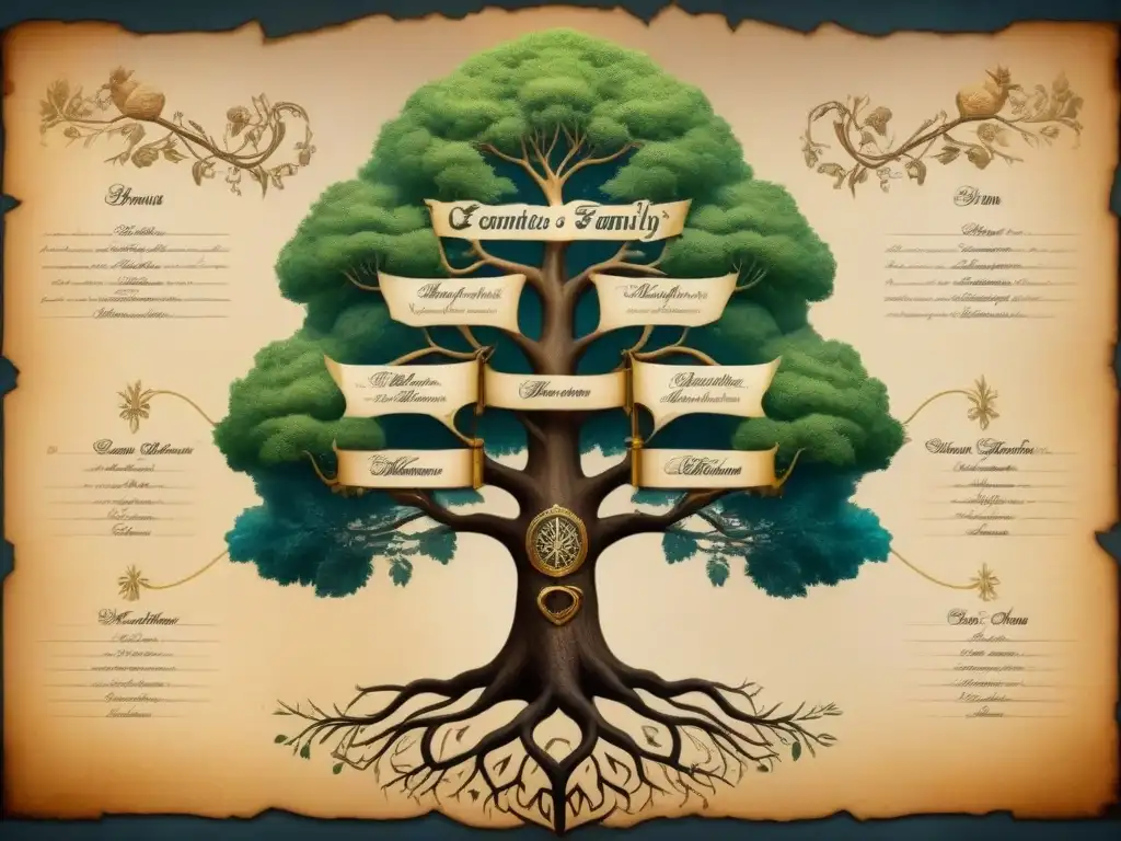 Un árbol genealógico detallado de una familia noble, con caligrafía ornamental y escudos de armas ilustrados