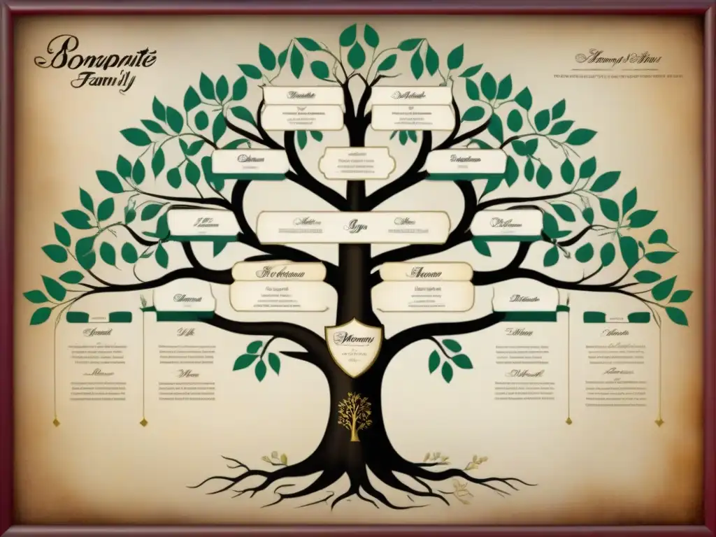 Árbol genealógico de la familia Bonaparte: historia regia en colores Árbol genealógico detallado de la familia Bonaparte en pergamino vintage