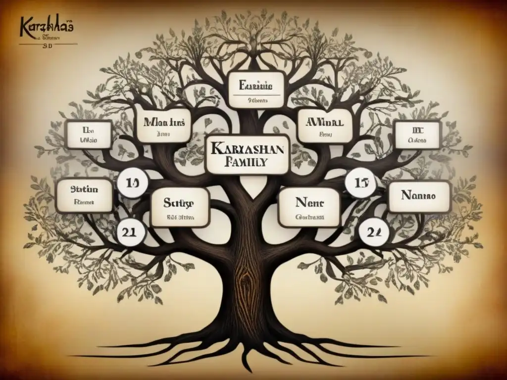 Árbol genealógico detallado de la familia Kardashian en pergamino envejecido