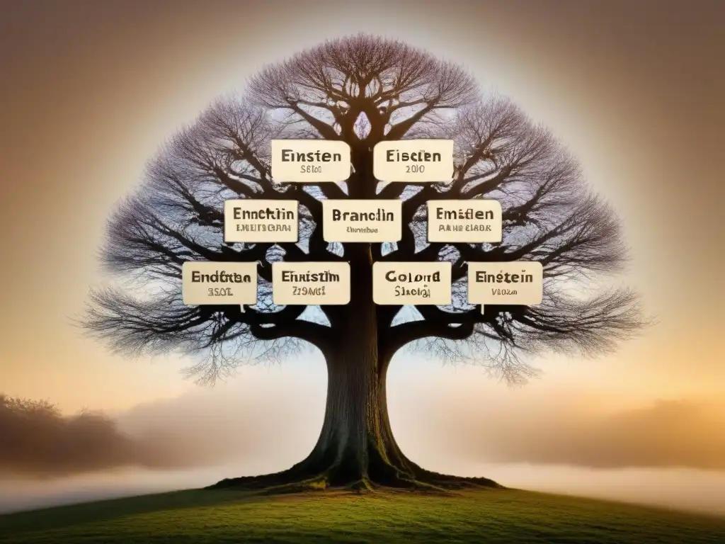 Árbol genealógico detallado de la familia Einstein en sepia, con caligrafía y miembros destacados