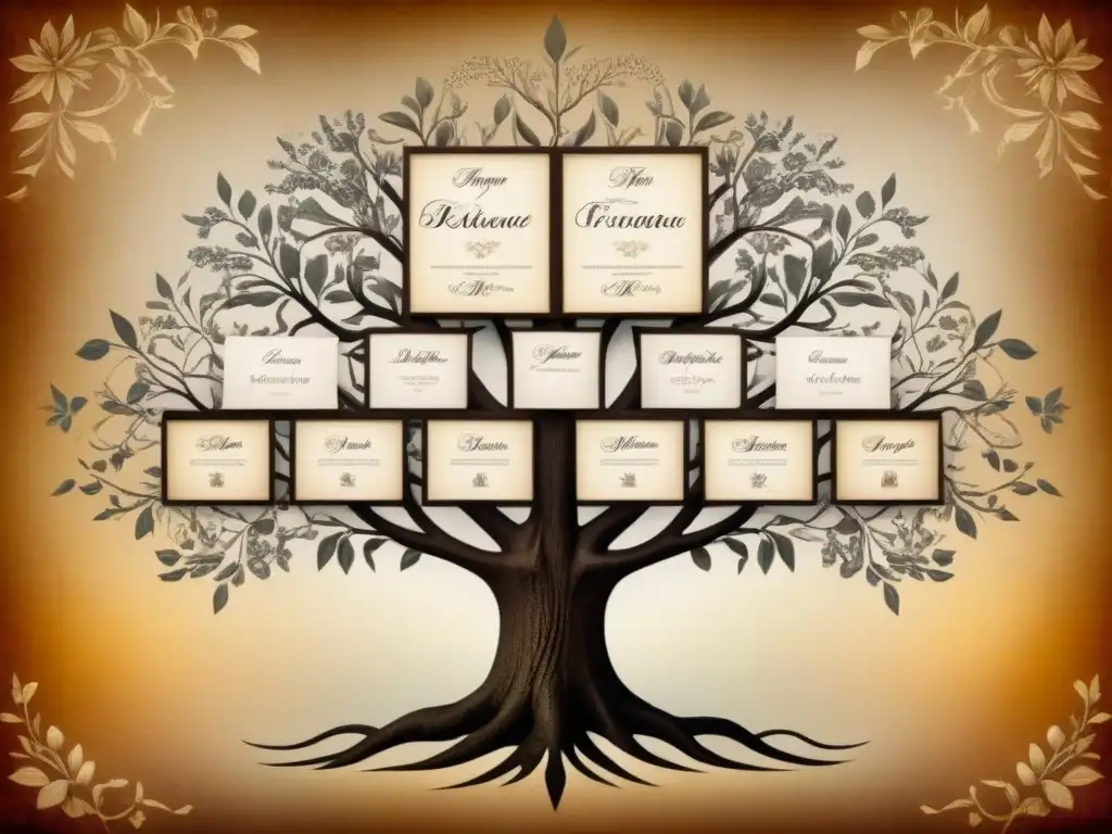 Un árbol genealógico detallado de la familia Delgado, con caligrafía delicada y tonos sepia, ilustrando el significado del apellido Delgado