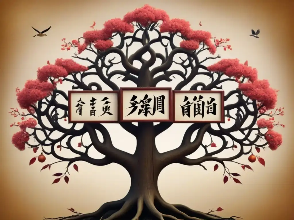 Un árbol genealógico detallado de una familia china, con caracteres chinos representando apellidos