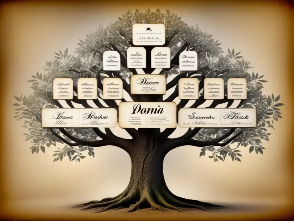 Un árbol genealógico detallado de la familia Pérez con fotografías históricas y notas manuscritas, en tonos sepia