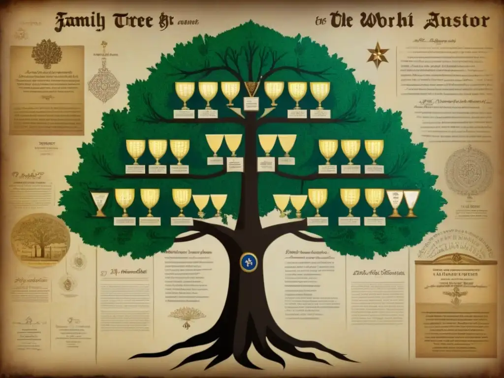 Un árbol genealógico detallado de una familia antigua con raíces intrincadas, mostrando generaciones de antepasados judíos en un mapa mundial vintage