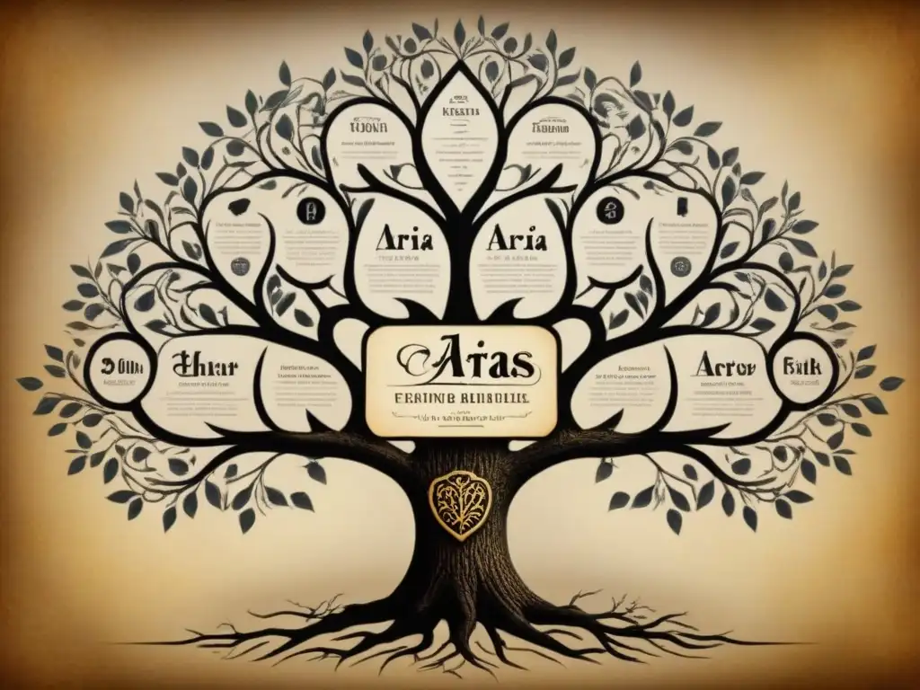 Árbol genealógico detallado de la familia Arias, con ramas intrincadas y caligrafía ornamental, sobre pergamino envejecido