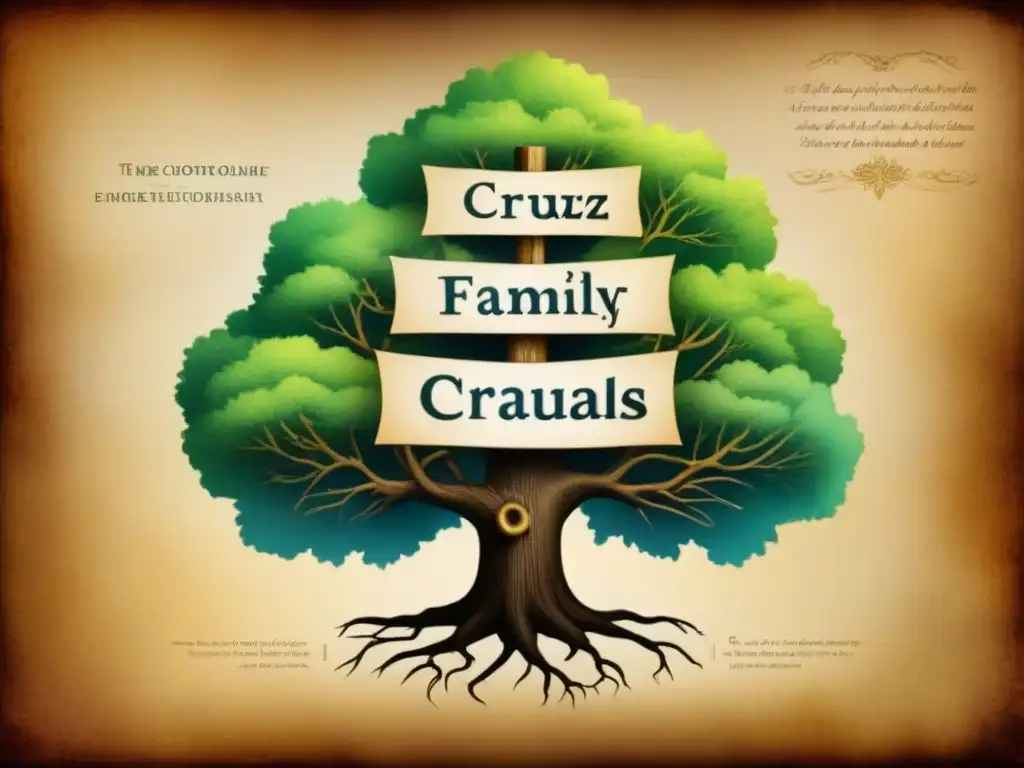 Un árbol genealógico detallado de la familia Cruz en vintage, mostrando conexiones y linajes ilustres