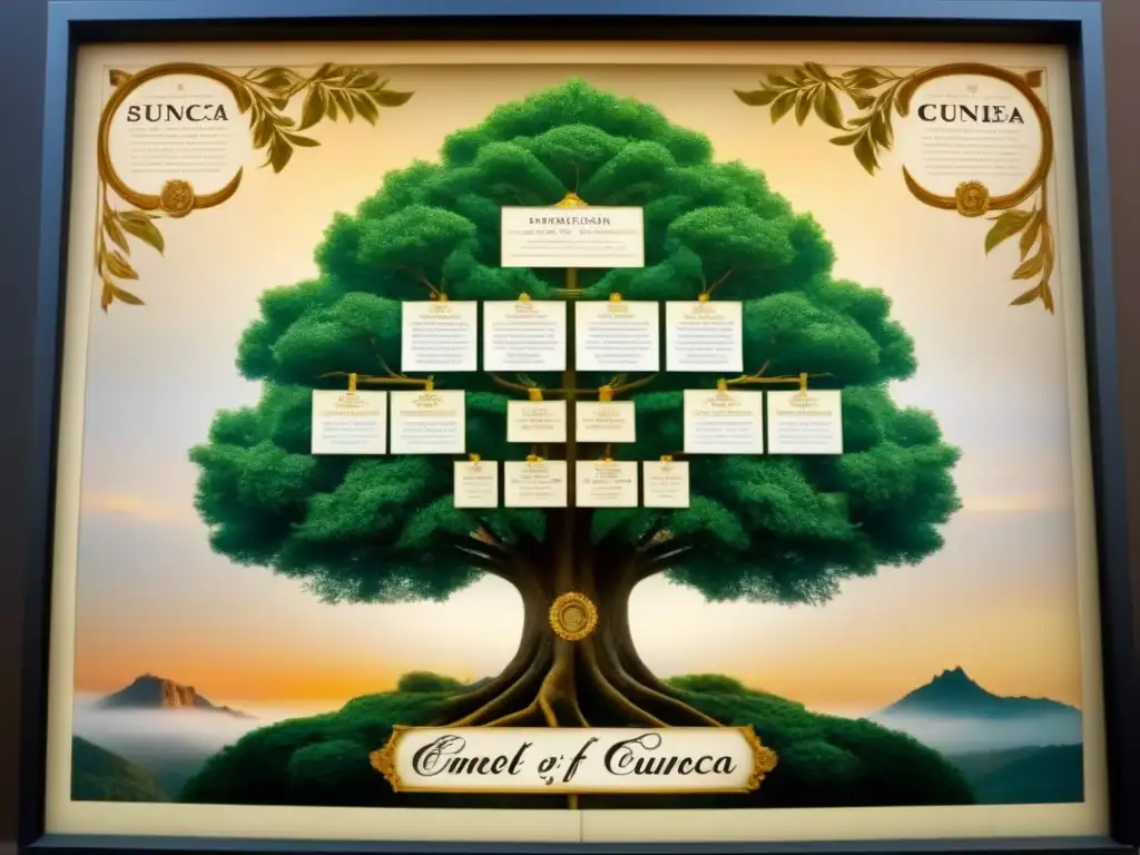 Un árbol genealógico detallado de la familia Cuenca, con ilustraciones ancestrales y caligrafía ornamental