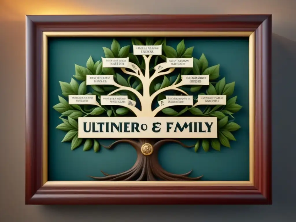 Árbol genealógico detallado en sepia de la familia Espejo con caligrafía antigua y símbolos, destacando la historia y tradición de apellido