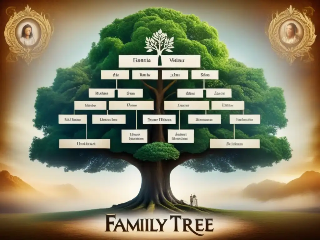 Árbol genealógico detallado de la familia Esteban desde la Edad Media, con símbolos históricos y retratos de ancestros