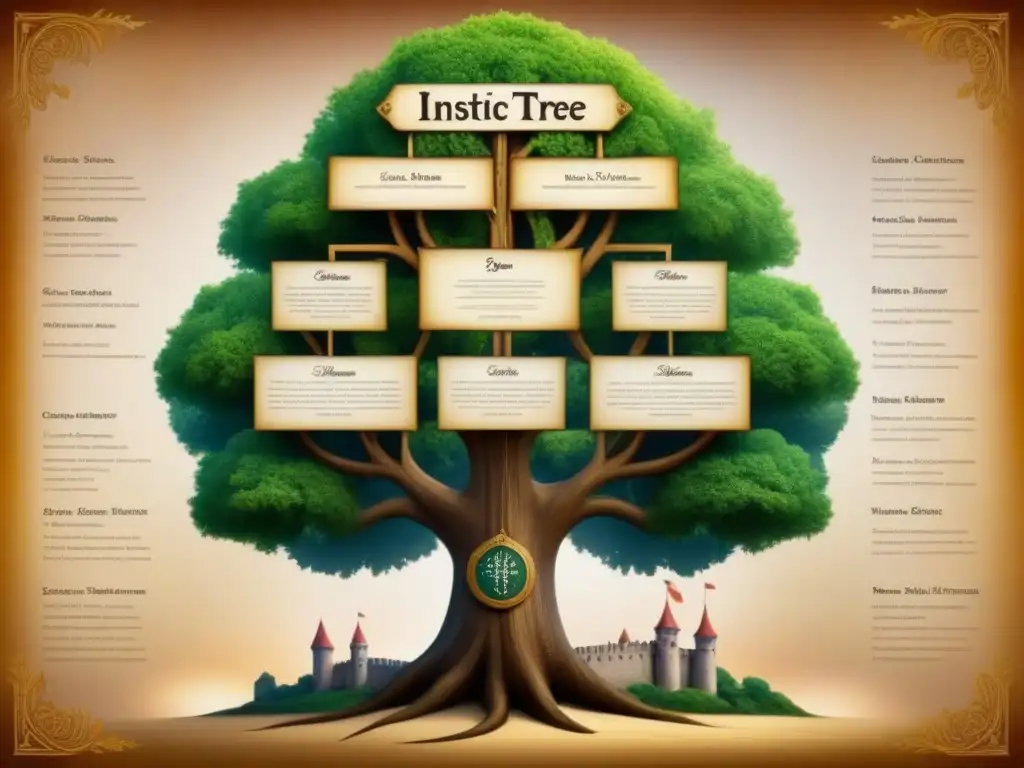 Árbol genealógico detallado de la familia Esteban en la construcción, con castillos medievales y herramientas de época