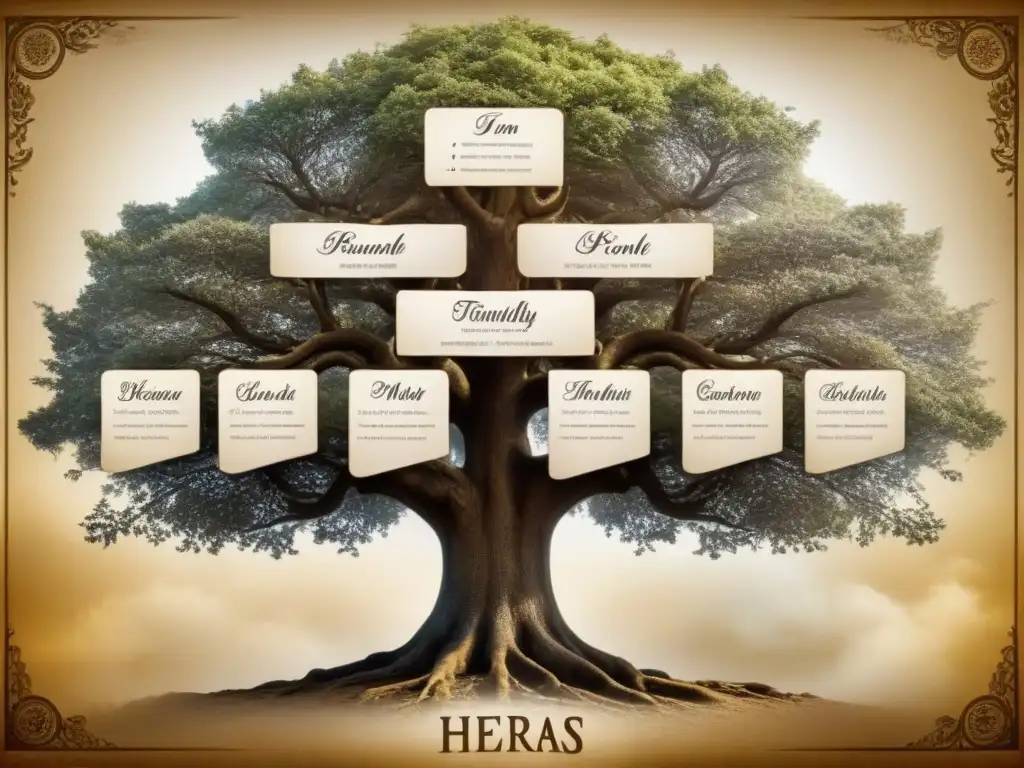 Un árbol genealógico detallado de la familia Heras, con tonos sepia, caligrafía elegante y bordes ornamentados, simbolizando la rica historia y herencia del apellido Heras