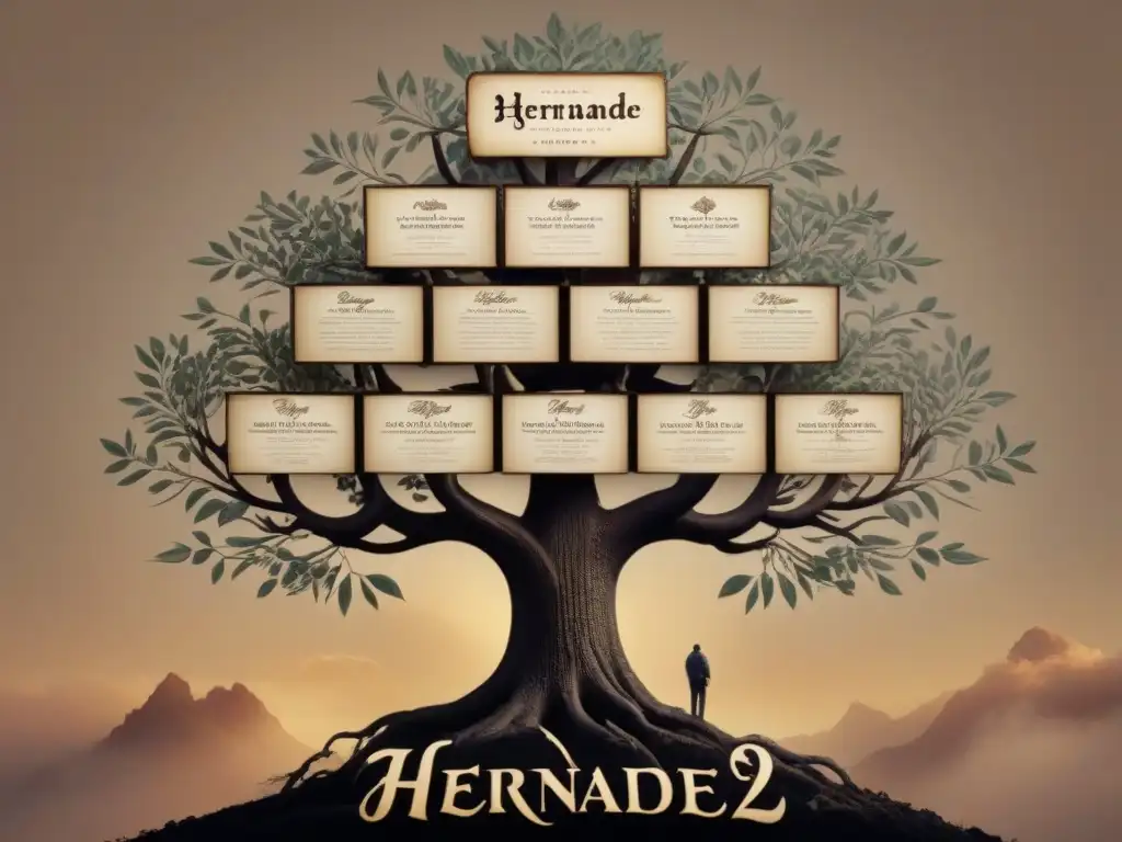 Un árbol genealógico detallado de la familia Hernández, con una estética vintage en papel pergamino