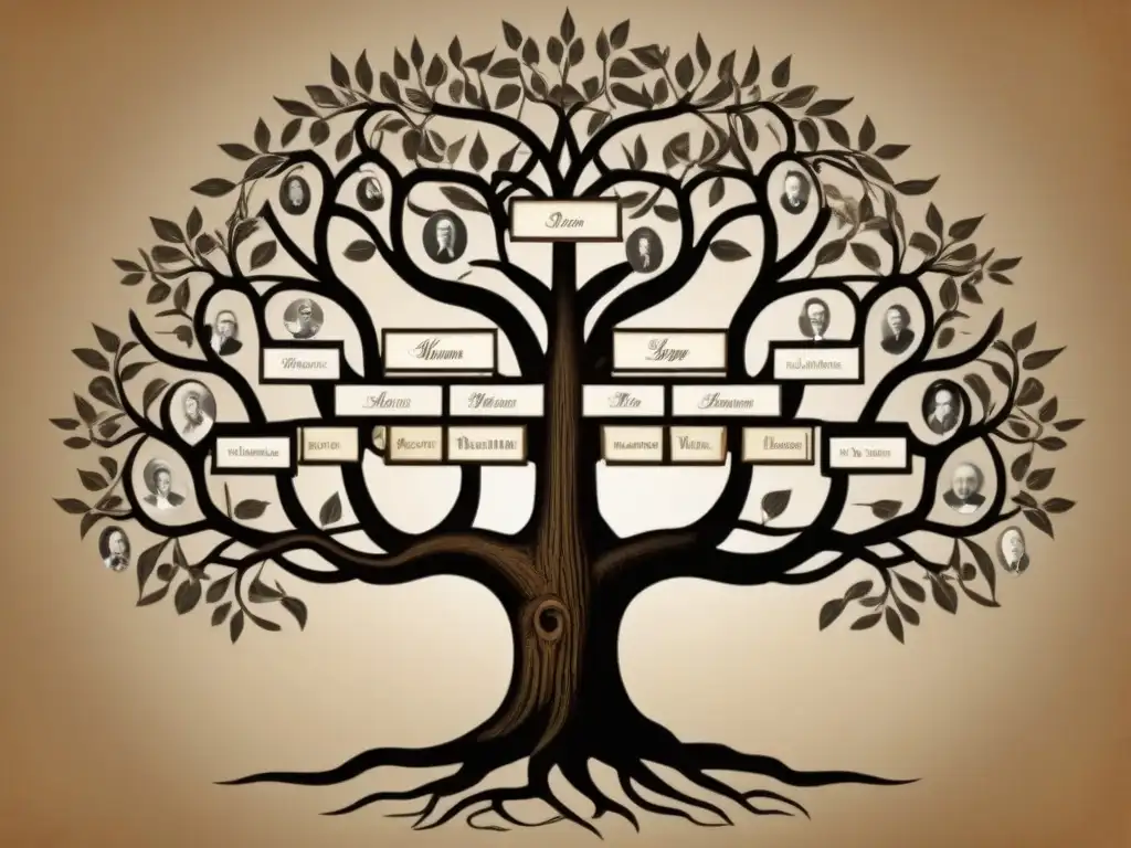 Árbol genealógico detallado de la familia Herrera: historia y conexiones Un árbol genealógico detallado de la familia Herrera en tonos sepia, con caligrafía ornamental y retratos ancestrales
