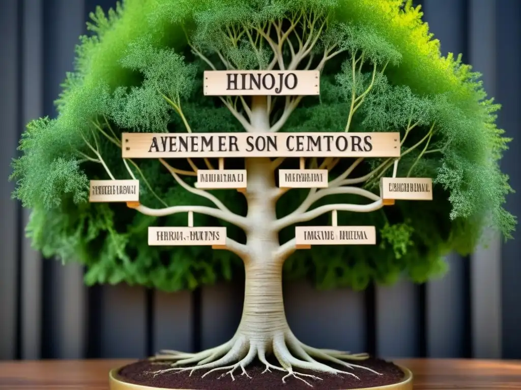 Un árbol genealógico detallado de la familia Hinojo, con ilustraciones históricas y símbolos de tradición, para 'Historia del apellido Hinojo'