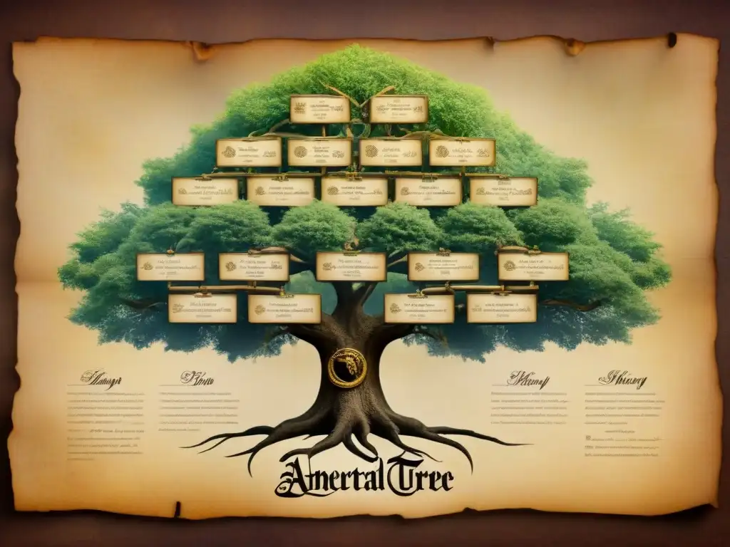 Un árbol genealógico detallado de una familia noble, con conexiones entre apellidos y títulos en caligrafía ornamental sobre pergamino envejecido