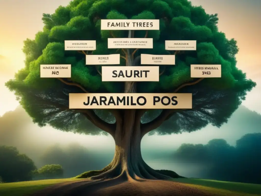 Un árbol genealógico detallado de la familia Jaramillo, con raíces antiguas y generaciones, adornado con caligrafía e históricos símbolos