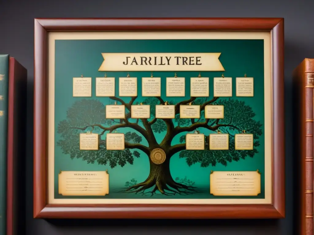 Árbol genealógico detallado de la familia Jara en sepia, con caligrafía y retratos antiguos