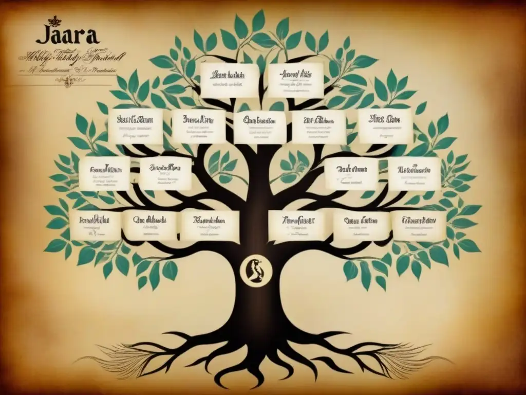 Árbol genealógico detallado de la familia Jara en pergamino envejecido, con historia del apellido Jara