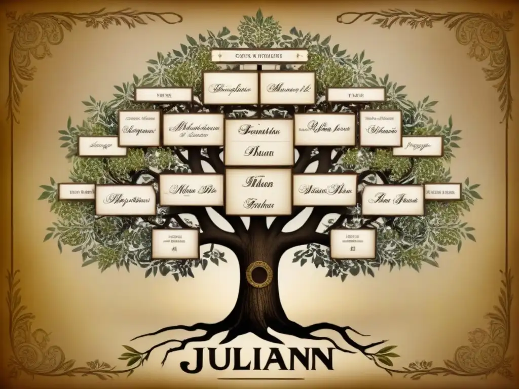 Un árbol genealógico detallado de la familia Julián, con caligrafía delicada y tonos sepia, evocando la historia del apellido Julián