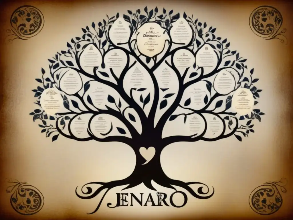 Un árbol genealógico detallado de la familia Jenaro, con marcos ornamentados y nombres de ancestros escritos a mano en un pergamino envejecido