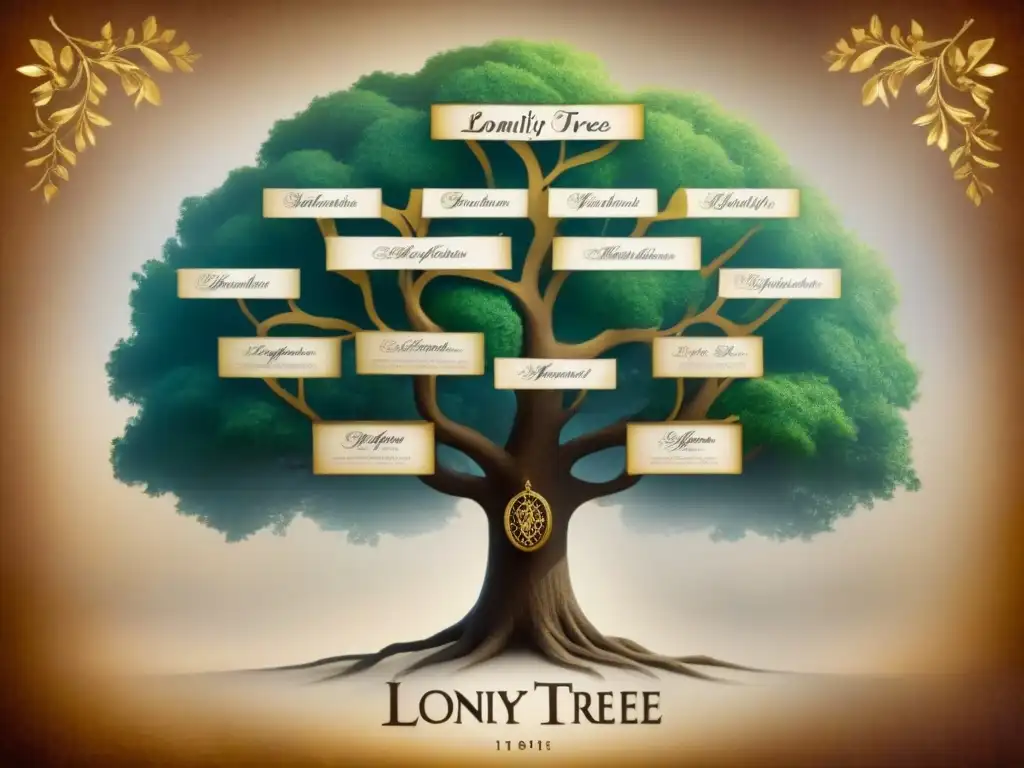 Un árbol genealógico detallado de la familia Longoria, con caligrafía y dibujos delicados, sobre pergamino sepia