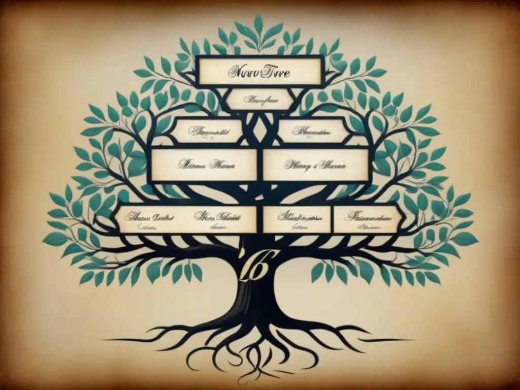 Árbol genealógico vintage de la familia Navas: historia noble en pergamino Árbol genealógico detallado de la familia Navas en pergamino envejecido, evocando origen, historia y tradición del apellido Navas
