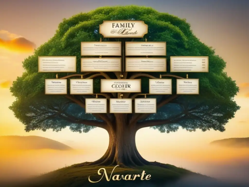 Un árbol genealógico detallado de la familia Navarrete, con motivos medievales y caligrafía, mostrando la Historia del apellido Navarrete