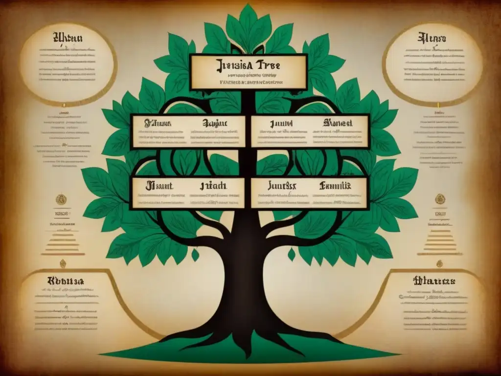 Un árbol genealógico detallado de familias judías prominentes durante el Renacimiento, con caligrafía ornamental y símbolos culturales