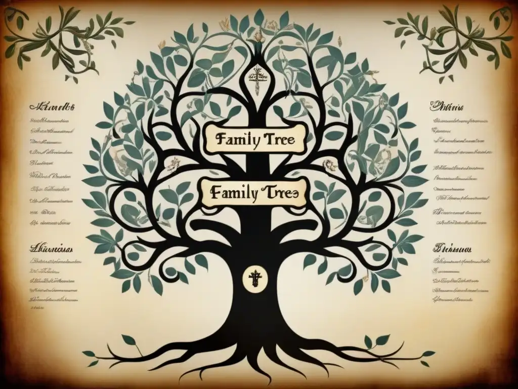 Un árbol genealógico detallado de familias nobles europeas con conexiones intrincadas y símbolos heráldicos, evocando esplendor aristocrático