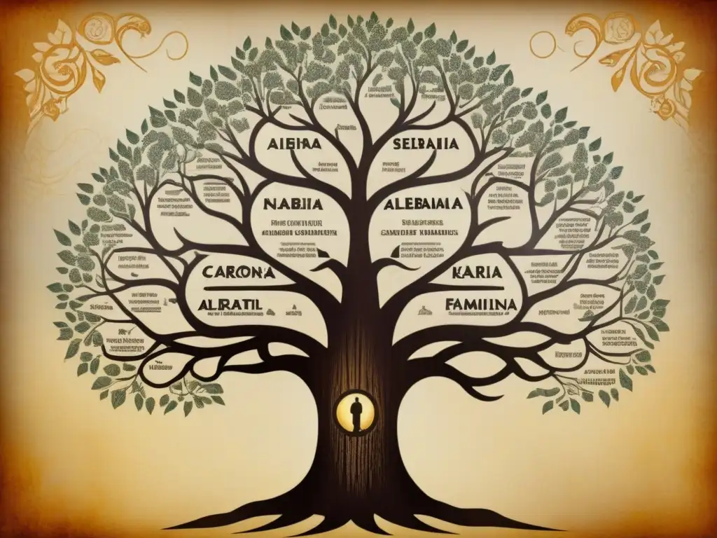 Un árbol genealógico detallado de las familias Kastrati, Krasniqi y Kukaj en un mapa sepia de Albania