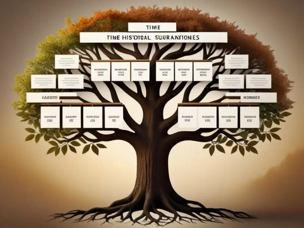 Árbol genealógico detallado con evolución fonética de apellidos, desde tradiciones orales antiguas hasta sistemas de escritura modernos