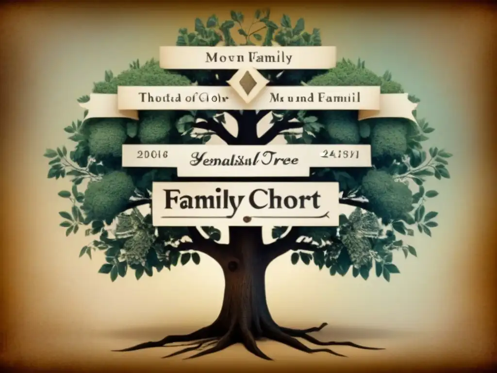 Árbol genealógico detallado con fotografías sepia de ancestros de diferentes épocas, sobre mapa antiguo