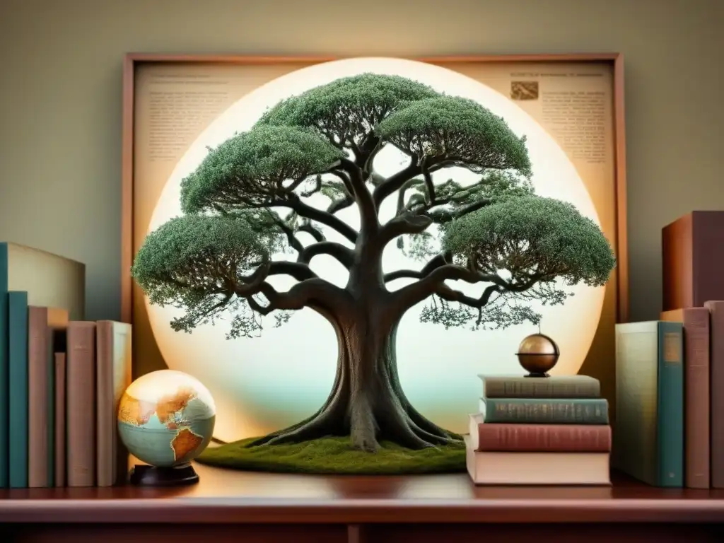 Árbol genealógico detallado con fotos antiguas en un mapa sepia, rodeado de libros y un globo vintage