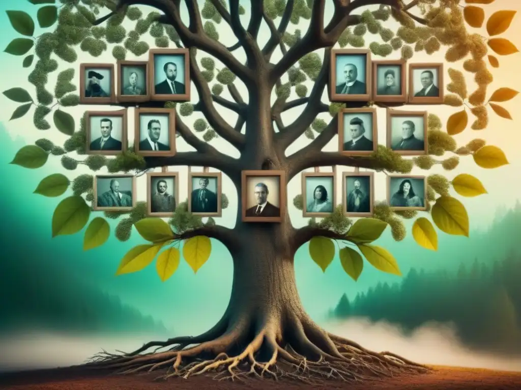 Un árbol genealógico detallado con fotos antiguas y símbolos genéticos, fusionando pasado y presente en una exploración de historia de apellidos y ADN