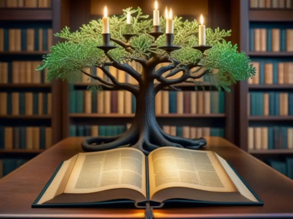 Un árbol genealógico detallado con fotos antiguas en una biblioteca, evocando historia y tradición