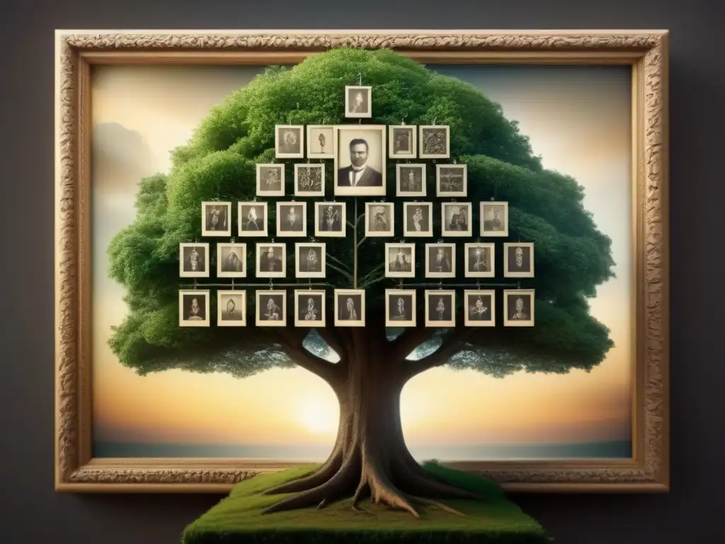 Árbol genealógico detallado con fotos antiguas y elementos digitales, fusionando genealogía tradicional con tecnología digital