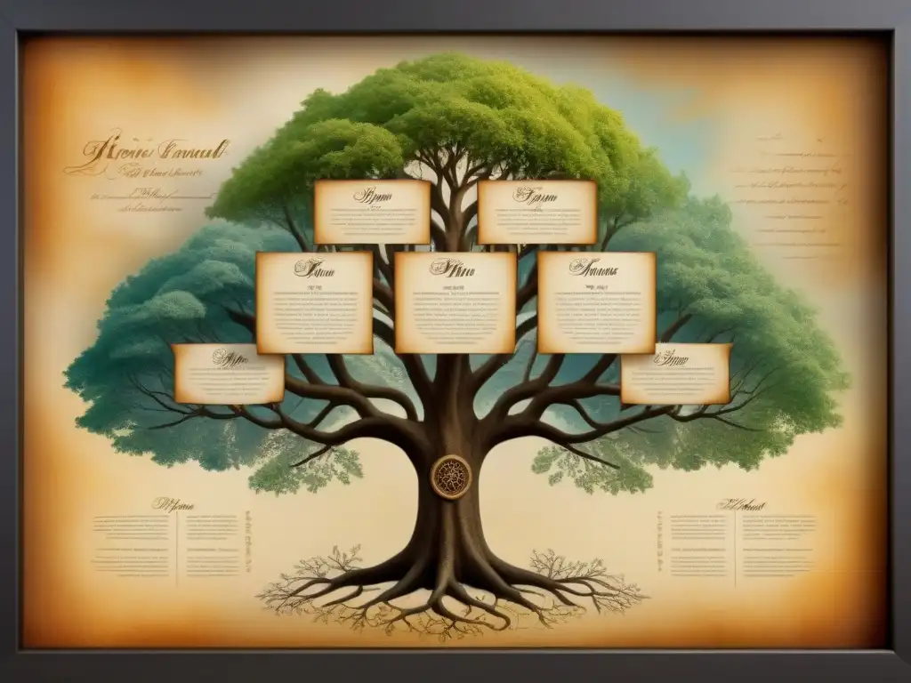 Un árbol genealógico detallado con historia apellidos evolución genealogía en elegante caligrafía sobre pergamino envejecido