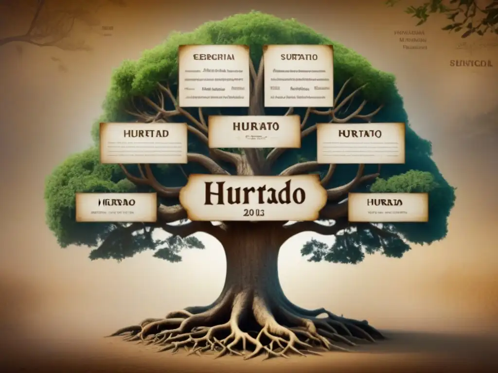 Un árbol genealógico detallado en sepia con la historia del apellido Hurtado