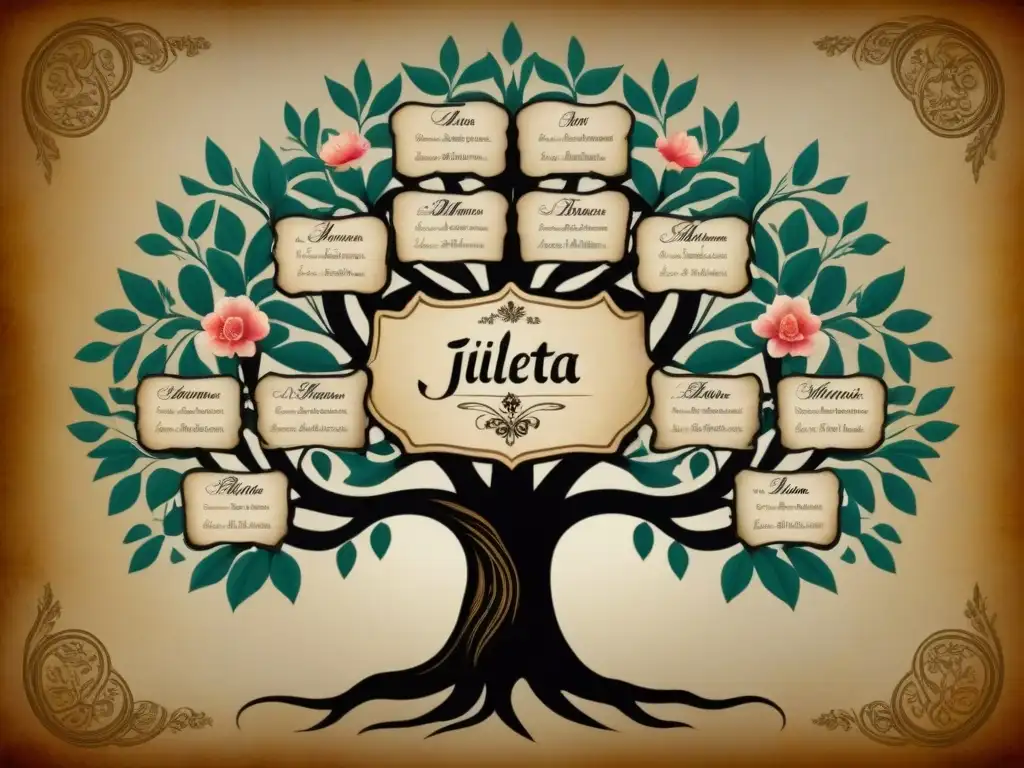 Un árbol genealógico detallado de la historia del apellido Julieta, con elegante caligrafía y motivos florales