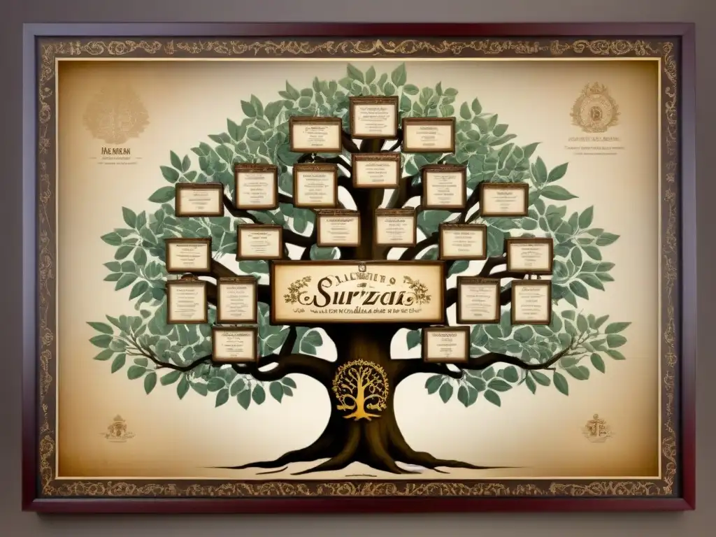 Un árbol genealógico detallado de la historia de los apellidos Leguizamo, con caligrafía elegante y tonos sepia que evocan tradición y legado familiar