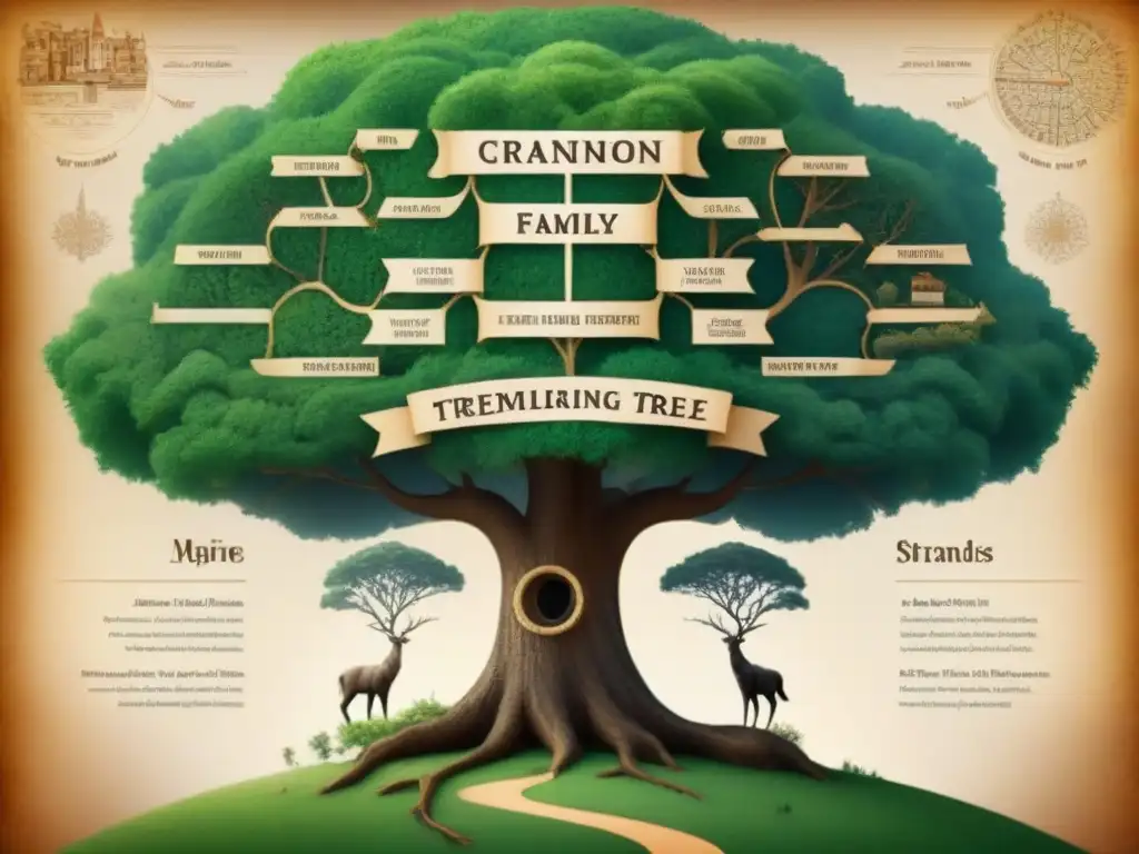 Un árbol genealógico detallado con historia de apellidos y genealogía entrelazada en antiguos mapas y ADN